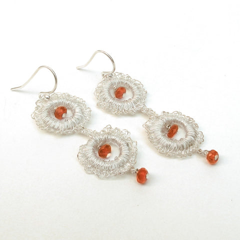Fine Silver Small Hoop Crocheted Carnelian Earrings