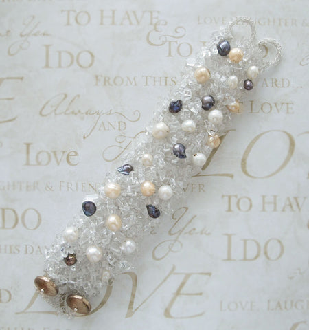 Crocheted Lace Silver Bracelet / Clear Quartz & Pearls