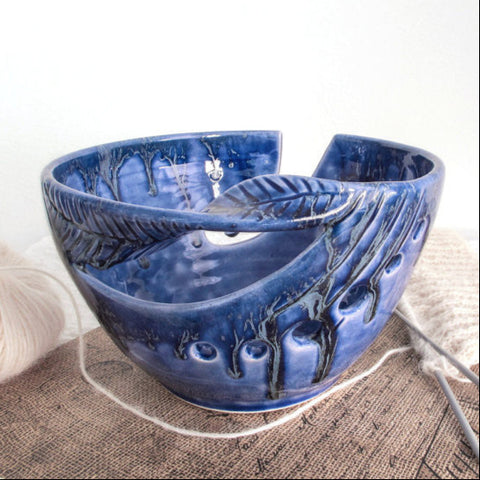 Cobalt blue ceramic yarn bowl, knitting / crochet bowl, twisted leaf design