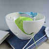 White Yarn Bowl, Sky Blue Twisted Leaf handle knitting / crochet bowl