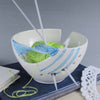 White Yarn Bowl, Sky Blue Twisted Leaf handle knitting / crochet bowl