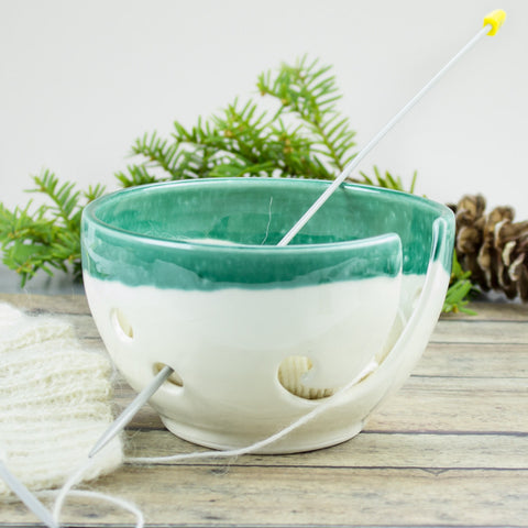 Petite White Mint Green Yarn bowl, Knitting Bowl Small Ceramic Yarn holder Portable Crochet bowl