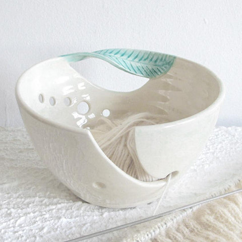 Fresh White Yarn Bowl, knitting / crochet bowl, with Green Twisted Leaf