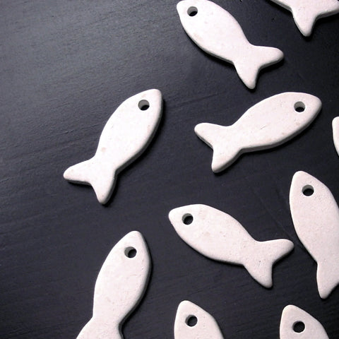 2 Mykonos Ceramic Fish Greek Beads Winter White Buttons Sewing embroidery scrapbooking supplies DIY pendant