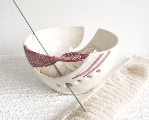 White Yarn Bowl Dark Pink Twisted Leaf Wheel thrown