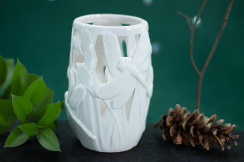 White Ceramic Dragonfly Candle Holder Lantern