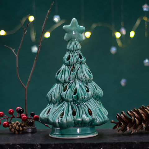 Green Tree with Star Lantern, Candle Holder, Cozy Holiday Luminary