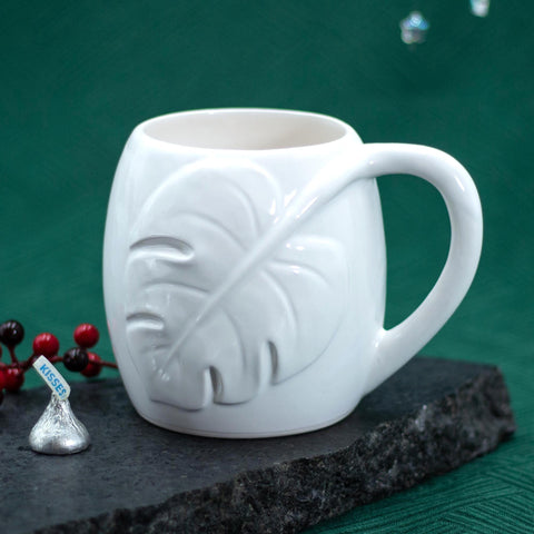 Modern White Large Monstera Leaf Ceramic Coffee Mug - 18oz