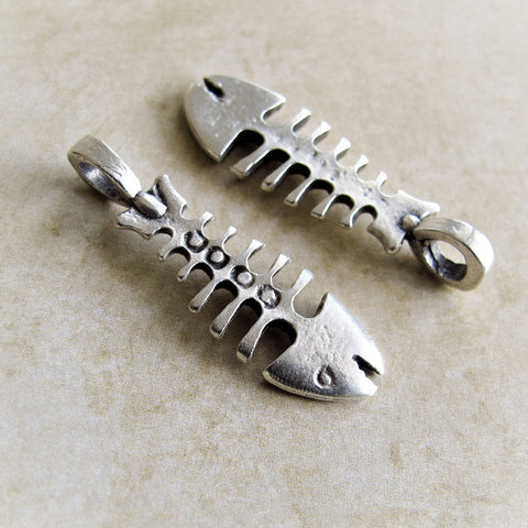 Large Fish bone Pendant, Greek Mykonos Casting Metal Fishbone Bead Charm Silver Plated Beach jewelry craft supplies (1 piece)