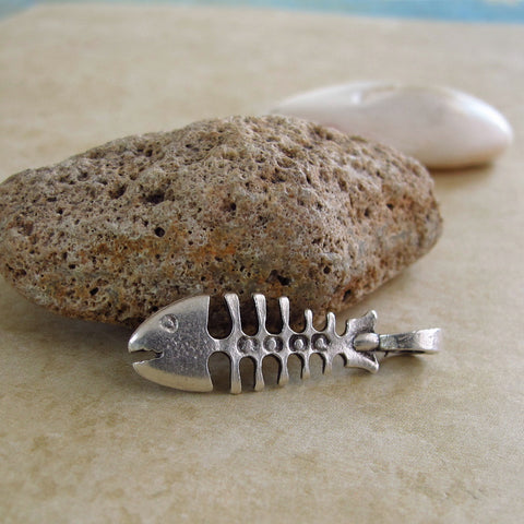 Large Fish bone Pendant, Greek Mykonos Casting Metal Fishbone Bead Charm Silver Plated Beach jewelry craft supplies (1 piece)