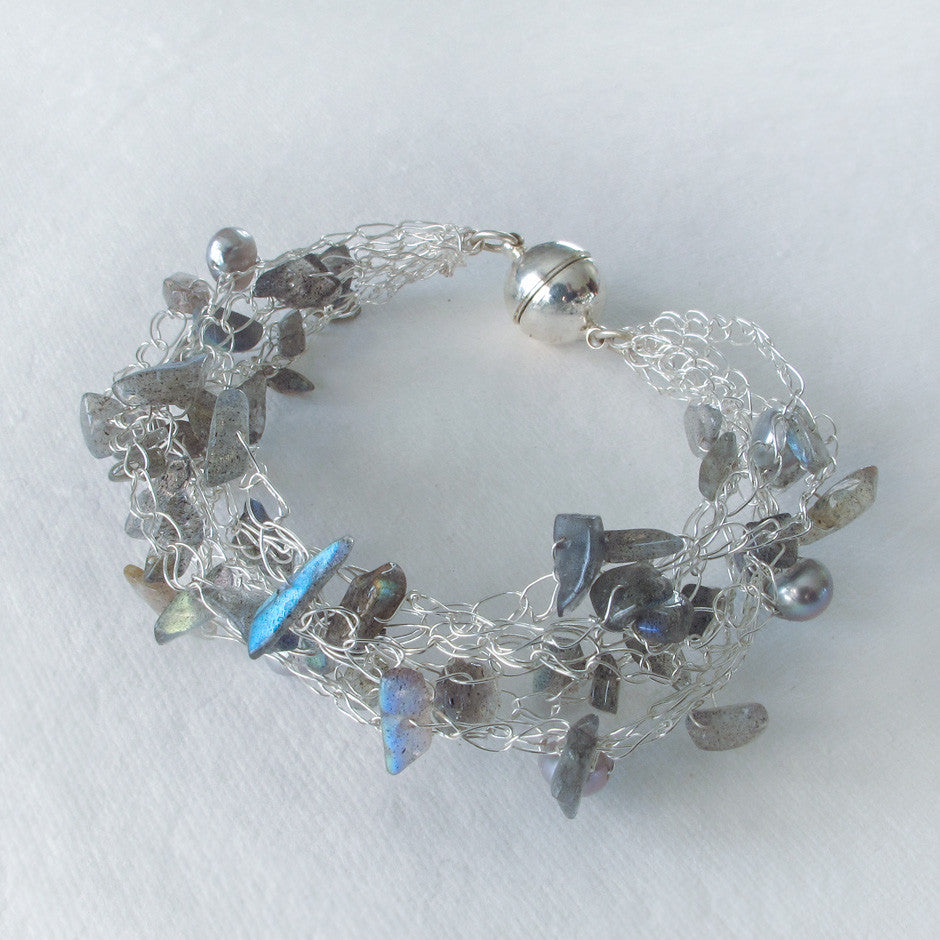Grey gemstone bracelet, Crochet Silver Lace Bracelet Mysterious