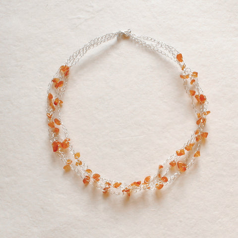 Carnelian gemstone Necklace, Silver Crochet Beach Summer Jewelry
