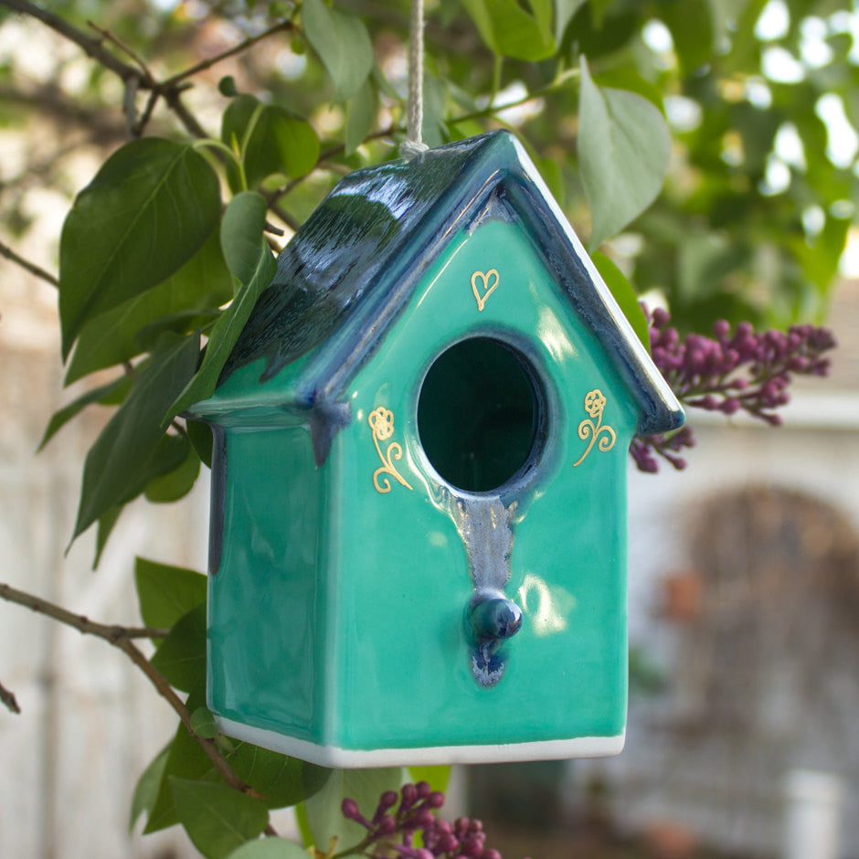 Ceramic Hanging Mint Green Blue Bird House by BlueRoomPottery