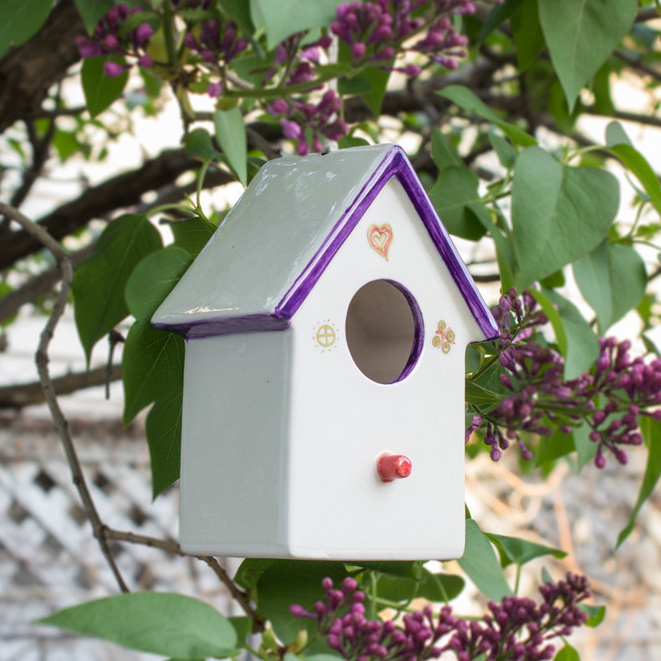 bird house planter Ceramic Hanging White/Purple Bird House with gold by BlueRoomPottery