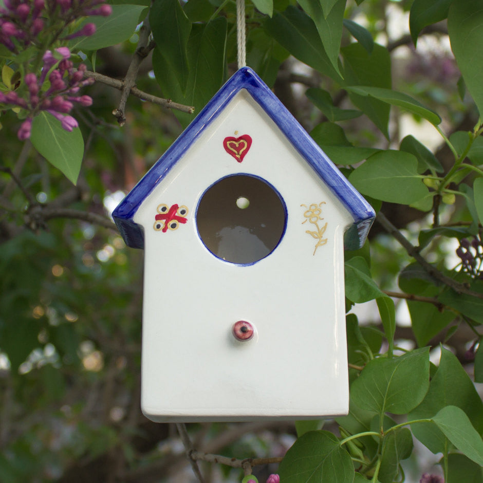 bluebird hanging planter pot Ceramic Hanging White/Blue Bird House with gold by BlueRoomPottery