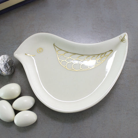 Personalized White Birdie Dish with Gold