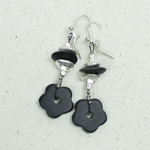 Black Flower Earrings, Boho Jewelry, Black Beaded Earrings