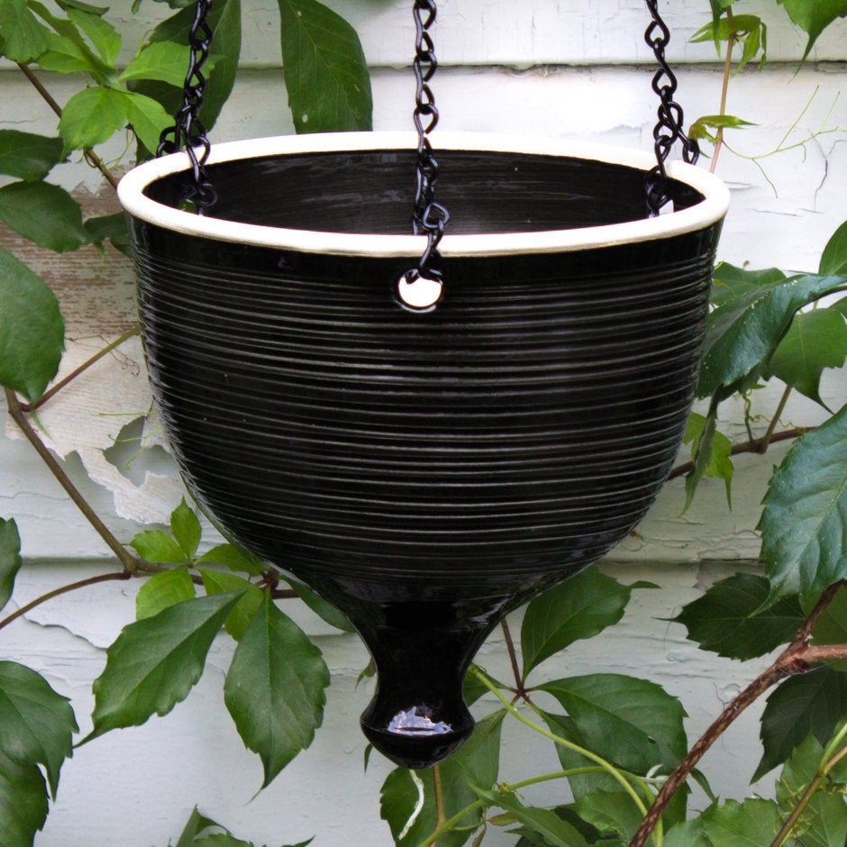 hanging planter chain Large Black Hanging Flowerpot with Chains by BlueRoomPottery