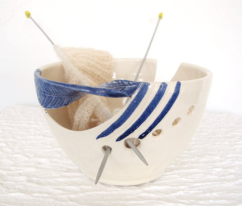 Blue Twisted Leaf Ceramic Yarn Bowl, Knitting Bowl