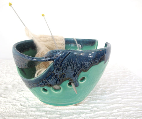 Regular Knitting Bowl Mint Green Blue Twisted Leaf Yarn Bowl