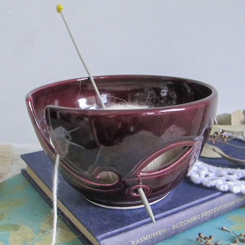 Ceramic Yarn Bowl, Eggplant Purple, Lavender Blush