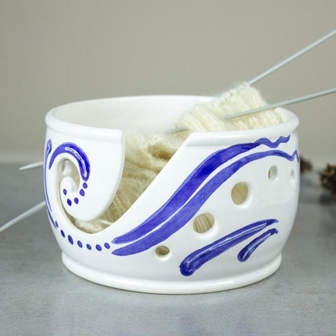 Yarn bowl Knitting bowls Crochet Ceramic bowl bright White organizer Cobalt Blue Waves Pottery