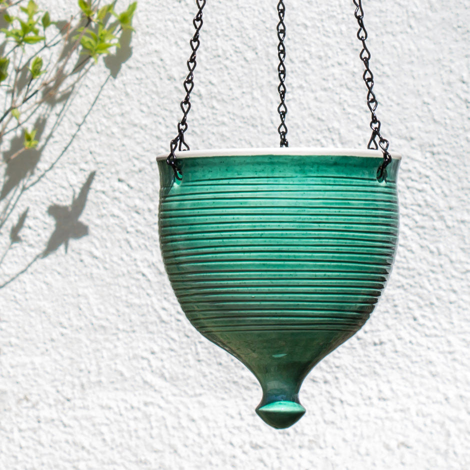 ceramic hanging planter Large Emerald Green Hanging planter by BlueRoomPottery