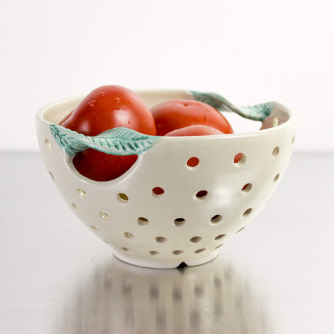 Fresh White Pottery Colander with green twisted leaf handles