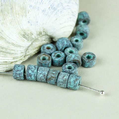 Green Patina Copper Mykonos Greek Ceramic 6X4mm Mini Tube Beads, 12 pcs.