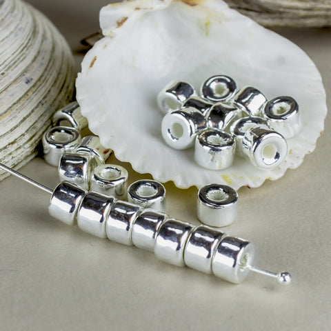 Silver Plated Mykonos Greek Ceramic beads, mini tube 6X4mm, 6 pcs