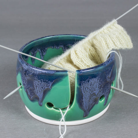 Mint Emerald Green Yarn bowl, Silver Blue Highlights, Knitting bowl by BlueRoomPottery