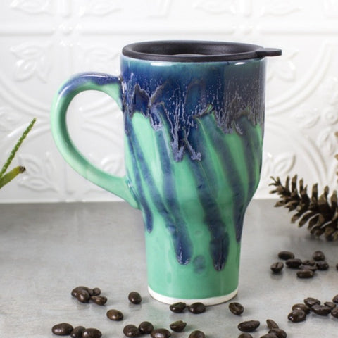 Travel mug with handle and black lid, Mint Green Blue, Handmade