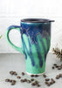 Travel mug with handle and black lid, Mint Green Blue, Handmade