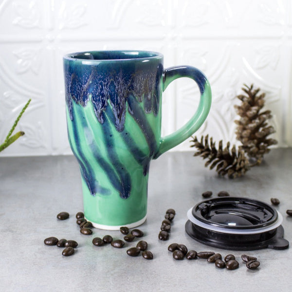 Hunter Green Ceramic Coffee Travel mug, Woodland moss glaze, black lid  pottery by BlueRoomPottery