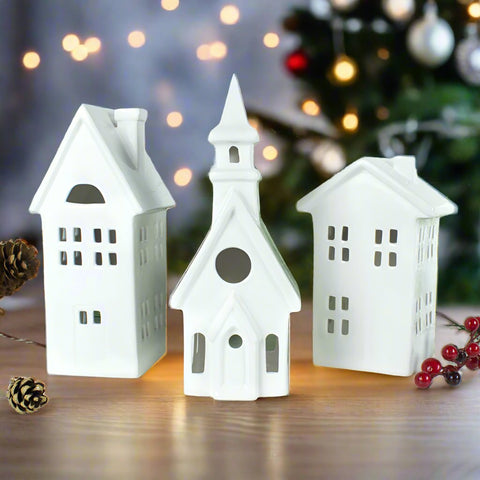 Set of 3 White Putz House Village Candle Holder lanterns,  chalet Christmas mantel decor