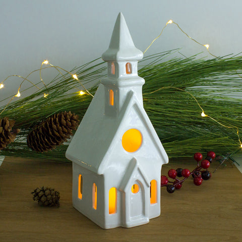 White Church Candle Holder, chalet Putz House lantern, Christmas decor