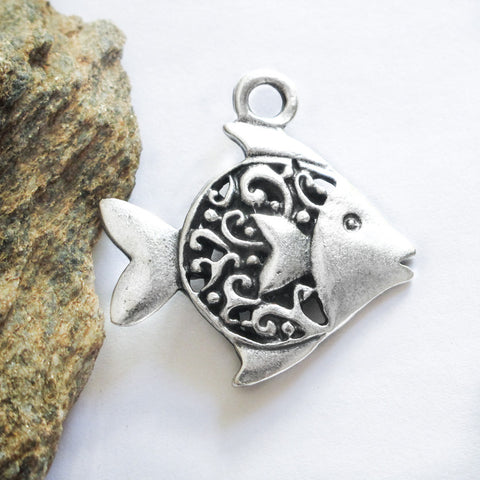 Greek Mykonos Casting Fancy Fish Pendant, Pewter Metal Bead Large Charm Silver Plated  (1 piece)