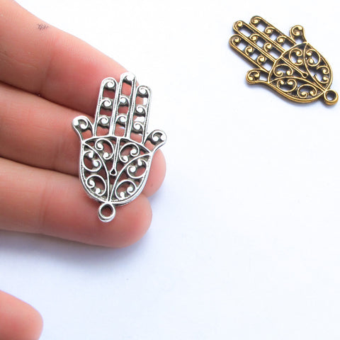 Antique Silver Hamsa Hand pendant, Hand of Fatima charm, Greek Quality jewelry making supplies