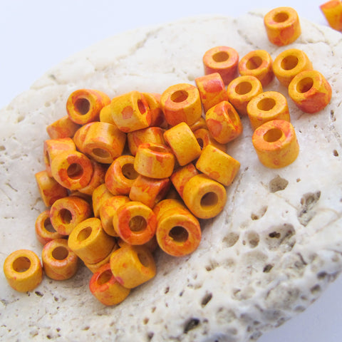 Mykonos Greek Ceramic Mini Tube Beads, 30 speckled orange yellow, 6X4mm