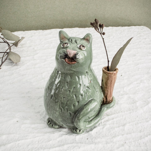 Sweet Pea Cat, Kitty Ceramic Sculpture flower vase