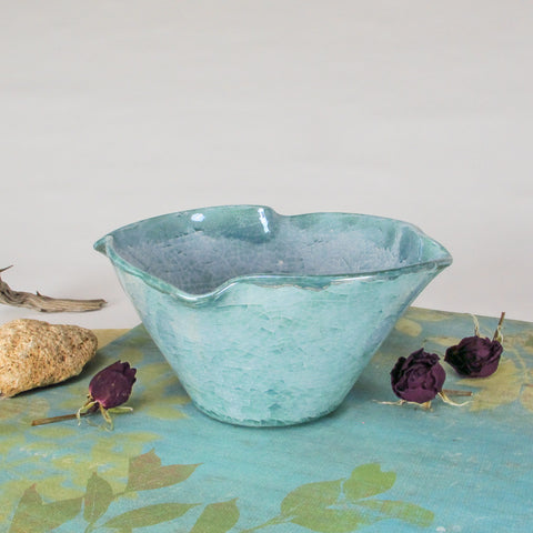 Blue Green Ceramic Twist Bowl Crackle Luster
