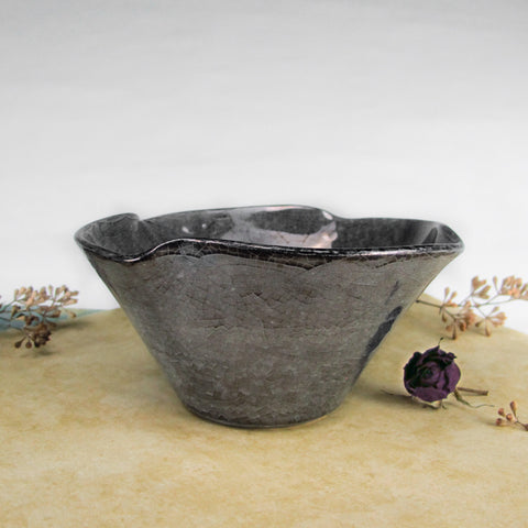 Twist Ceramic bowl in Smokey Platinum Black Crackle Luster