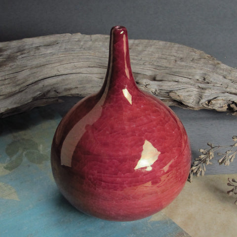 Red Crackle Round TearDrop Bottle Bud Vase