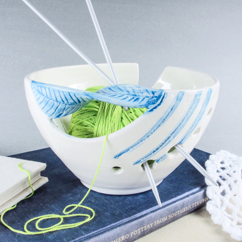 White Yarn Bowl, Sky Blue Twisted Leaf handle knitting / crochet bowl