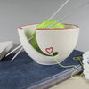 White Yarn Bowl with Red Outlined Hearts, Portable Traveling Knitting Crochet Bowl