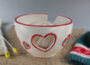 White Yarn Bowl with Red Outlined Hearts, Portable Traveling Knitting Crochet Bowl