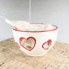 White Yarn Bowl with Red Outlined Hearts, Portable Traveling Knitting Crochet Bowl