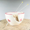 White Yarn Bowl with Red Outlined Hearts, Portable Traveling Knitting Crochet Bowl