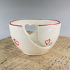 White Yarn Bowl with Red Outlined Hearts, Portable Traveling Knitting Crochet Bowl