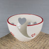 White Yarn Bowl with Red Outlined Hearts, Portable Traveling Knitting Crochet Bowl